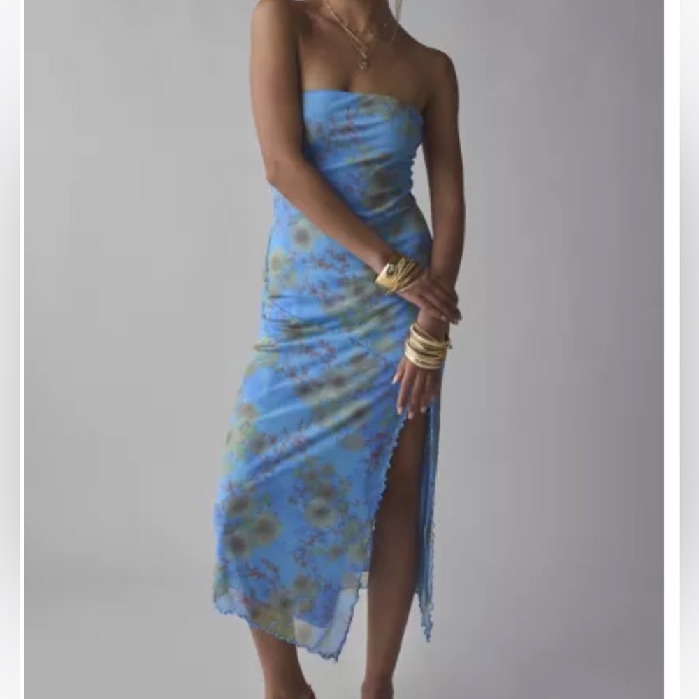Blue Floral Mesh Strapless Midi Dress (size L)
